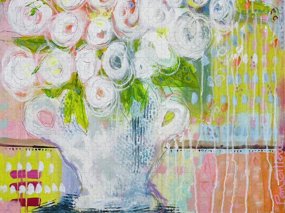 Abstract Expressionism Jigsaw Puzzle featuring the painting A Bunch of White Flowers by Pam Gillette