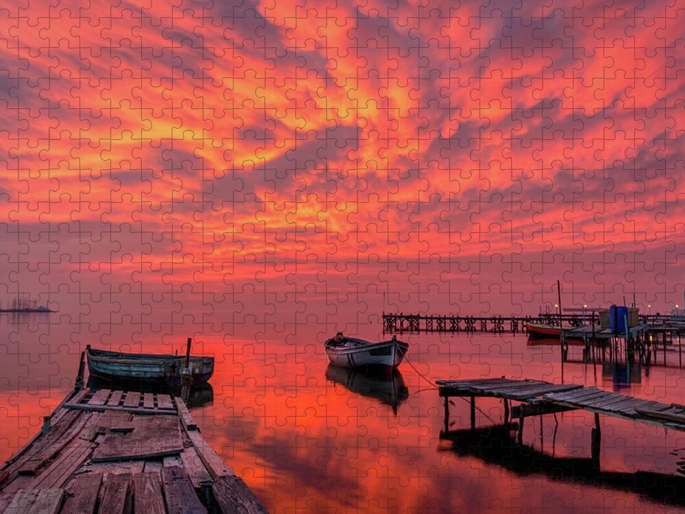 Pier Jigsaw Puzzle featuring the photograph A burning sky over an old pier by Alexios Ntounas