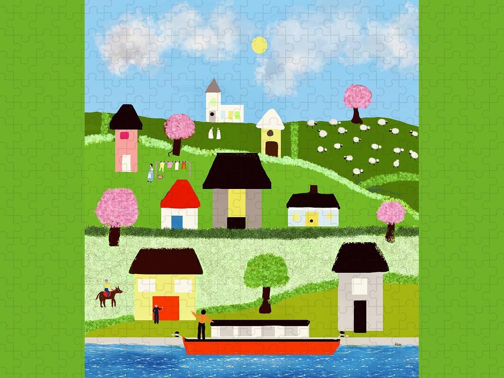 Illustration Jigsaw Puzzle featuring the digital art A busy day in the faraway village by Elaine Hayward