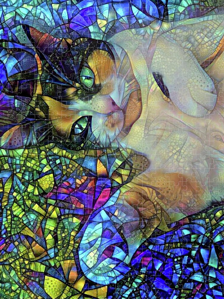 Calico Cat Jigsaw Puzzle featuring the digital art A Calico Cat Named Shadow - Stained Glass by Peggy Collins