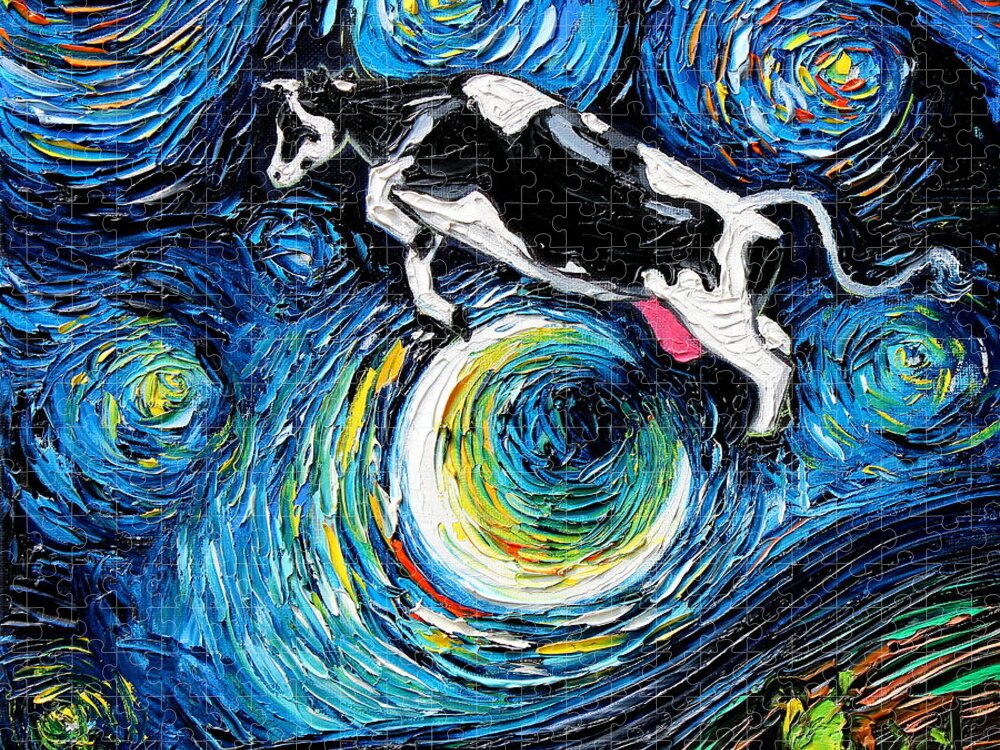 Cow Jigsaw Puzzle featuring the painting A Cow Jumped Over the Moon by Aja Trier