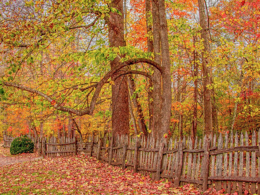 Oconaluftee Jigsaw Puzzle featuring the photograph A Crooked Old Fence in the Shadow of Fall by Marcy Wielfaert