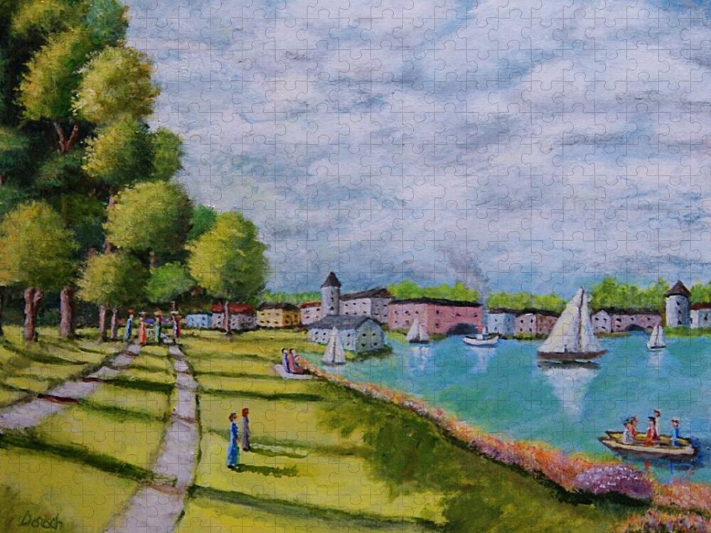 Landscape Jigsaw Puzzle featuring the painting A DAY AT THE LAKE After Monet by Gregory Dorosh