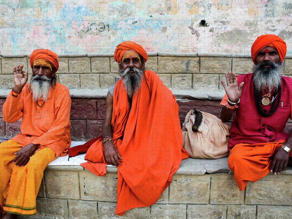 Varanasi Jigsaw Puzzle featuring the photograph A Day In The Life of Varanasi - Sadhus on the Ghats of the Ganges River by Earth And Spirit