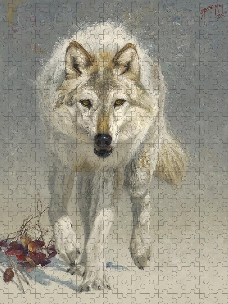 Wolf Jigsaw Puzzle featuring the painting A Few Red Leaves by Greg Beecham