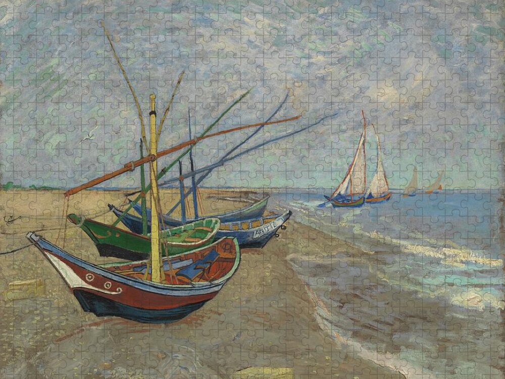 A Fishing Boat On The Beach At Les Saintes Maries De La Mer By  Vincent Van Gogh Jigsaw Puzzle featuring the painting A Fishing Boat on the Beach at Les Saintes Maries de la Mer by  Vincent Van Gogh by MotionAge Designs
