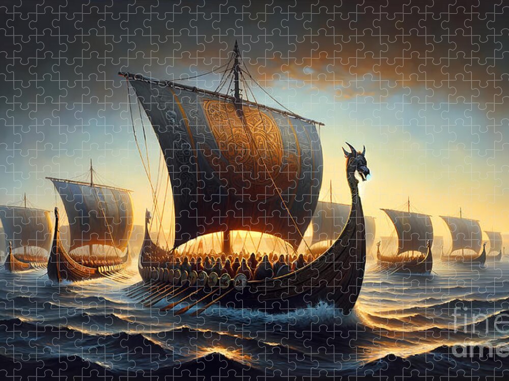Viking Jigsaw Puzzle featuring the painting A flotilla of Viking ships setting sail at dawn, with runic carvings and dragon heads. by Jeff Creation