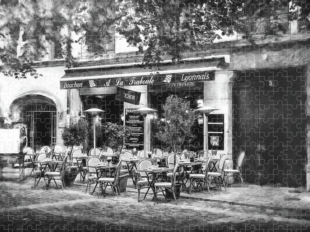 Lyon Jigsaw Puzzle featuring the photograph A French Restaurant Vieux Lyon France Black and White by Carol Japp