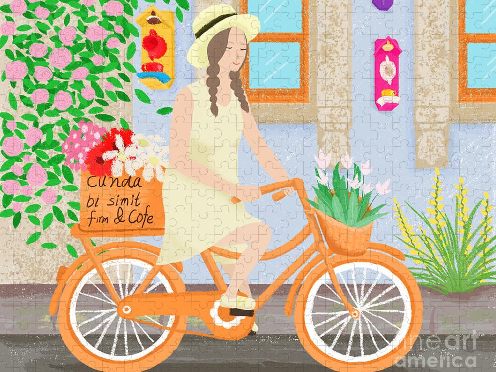 Girl Jigsaw Puzzle featuring the drawing A girl on a bicycle by Min Fen Zhu