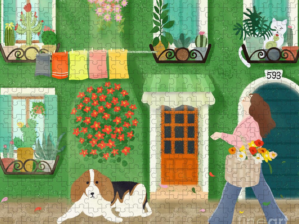 Houses Jigsaw Puzzle featuring the drawing A girl with a basket of flowers by Min Fen Zhu
