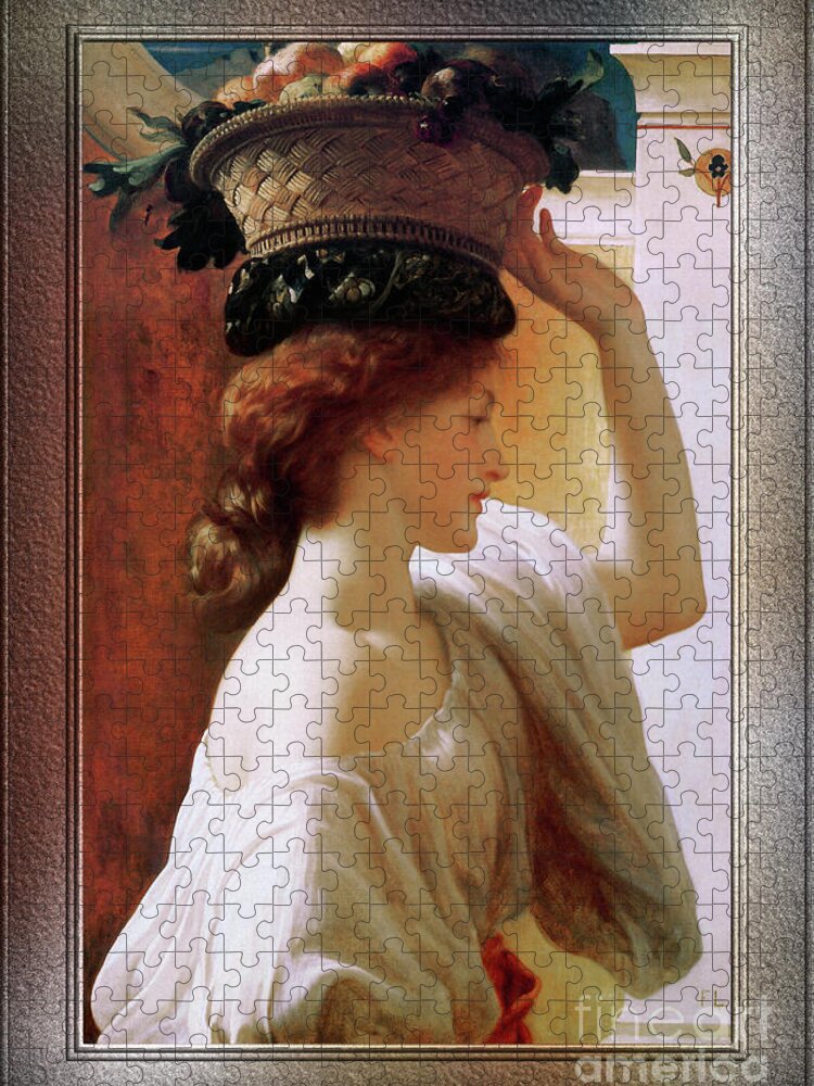 Girl With Basket Of Fruit Jigsaw Puzzle featuring the painting A Girl With A Basket Of Fruit by Lord Frederic Leighton by Rolando Burbon