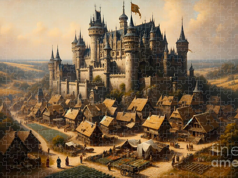 Grand Jigsaw Puzzle featuring the painting A grand castle perched on a hilltop overlooking a medieval village by Jeff Creation
