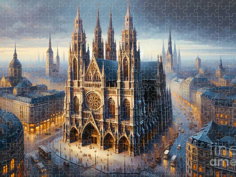 Grandiose Jigsaw Puzzle featuring the painting A grandiose Gothic cathedral in an urban setting by Jeff Creation