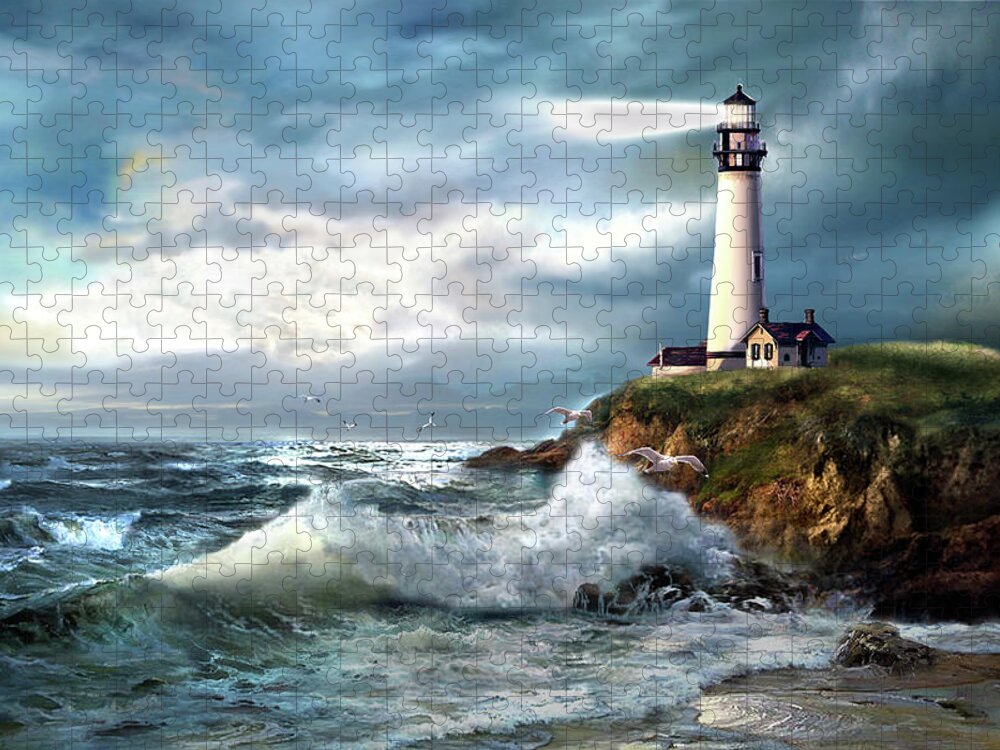 Seascape Jigsaw Puzzle featuring the painting A Light of Hope, Pigeon Point Lighthouse by Regina Femrite