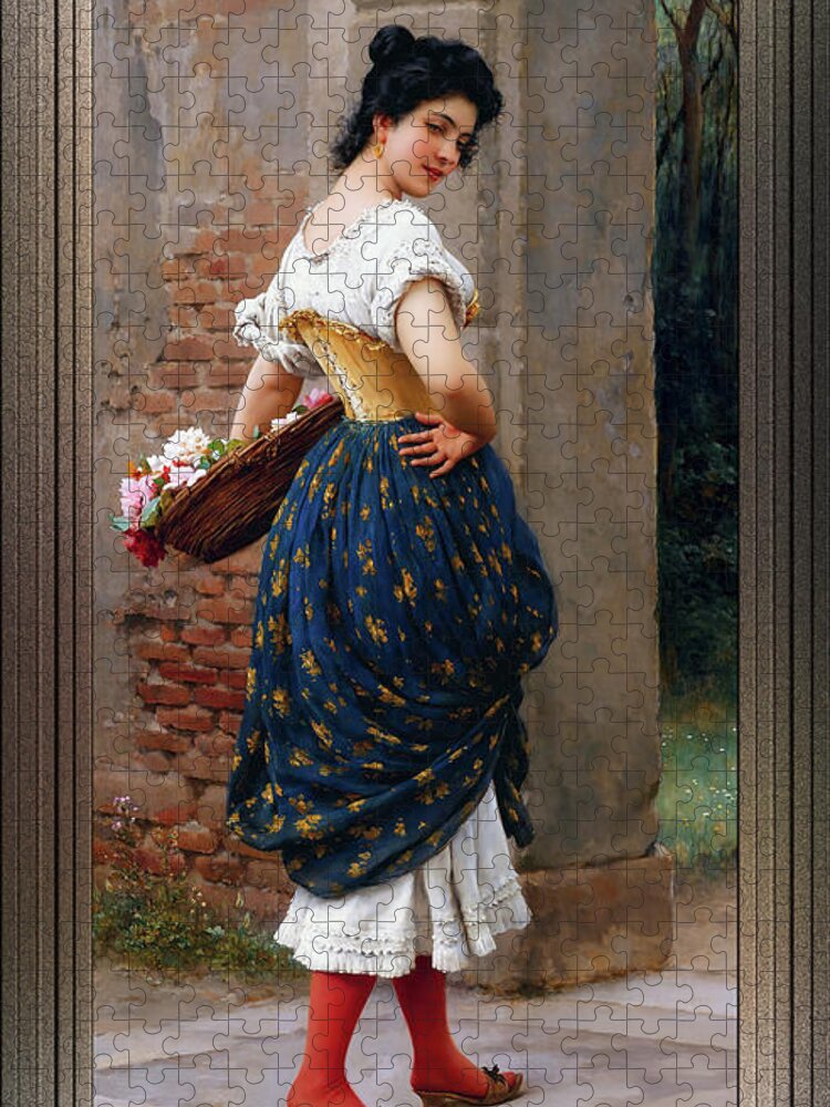 A Maiden With A Basket Of Roses Jigsaw Puzzle featuring the painting A Maiden With A Basket Of Roses by Eugen von Blaas Remastered Xzendor7 Classical Art Reproduction by Xzendor7
