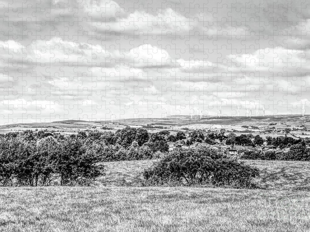 Digital Art Jigsaw Puzzle featuring the photograph A monochrome view of the Scout Moor Wind Farm looking from Heywood, Greater Manchester. by Pics By Tony
