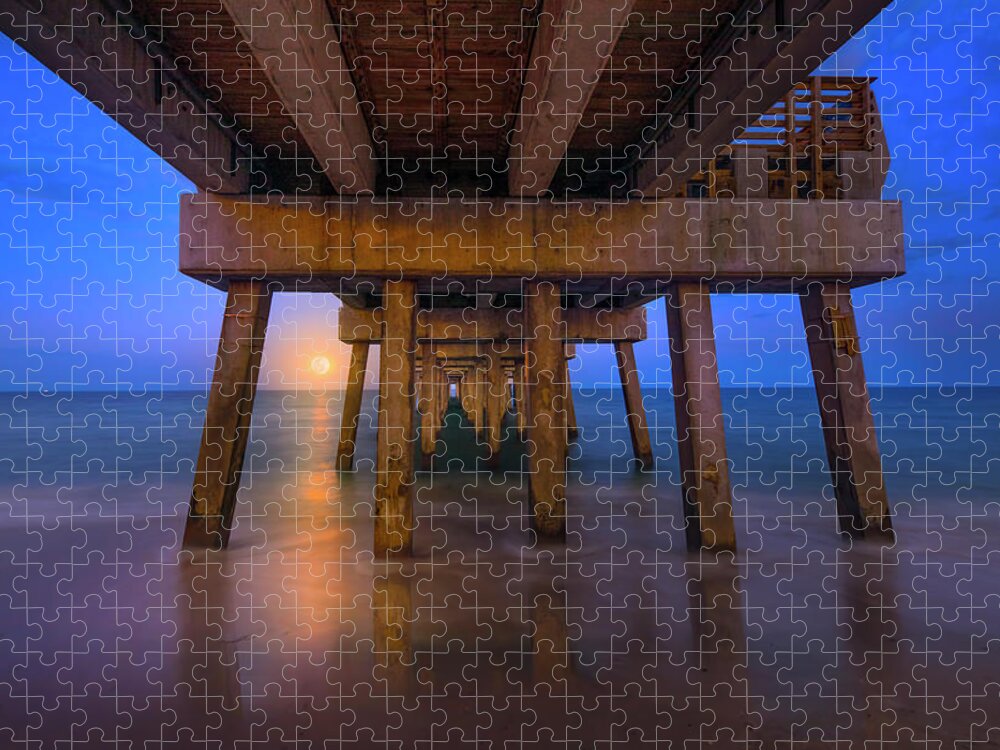 Moon Jigsaw Puzzle featuring the photograph A Moonrise Under the Pier by Mark Andrew Thomas