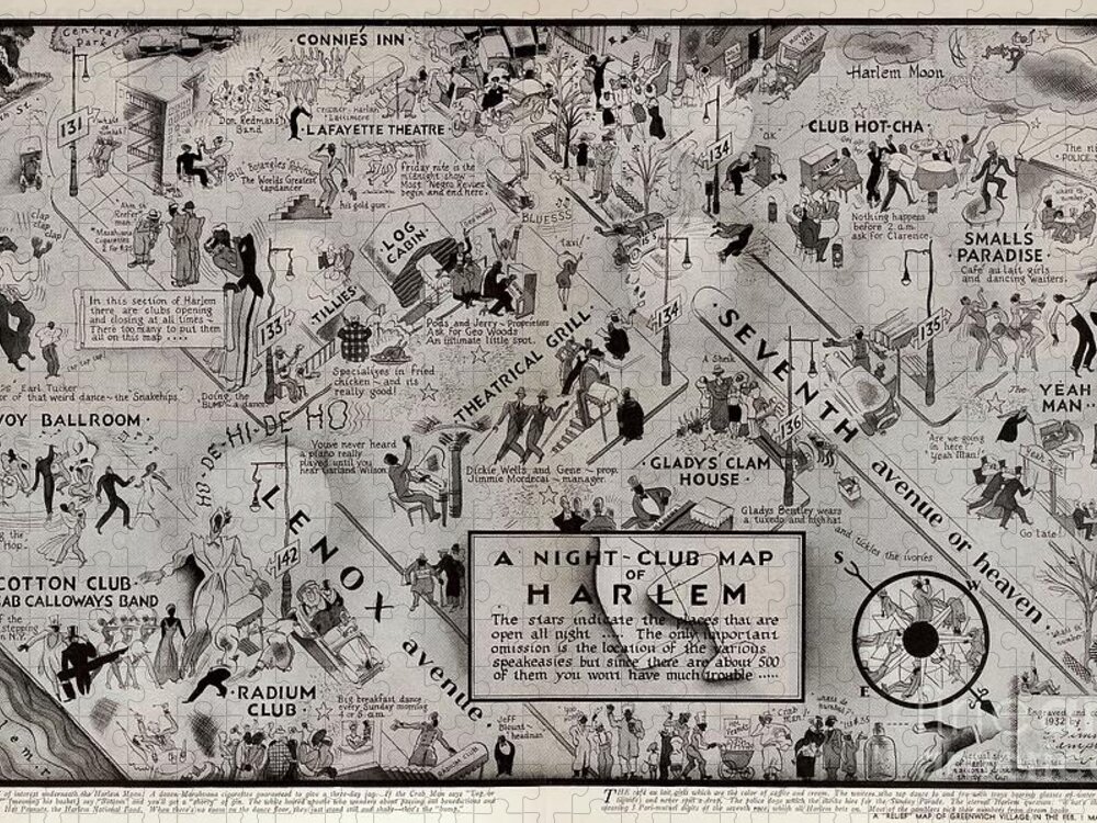 Night Club Map Of Harlem Jigsaw Puzzle featuring the drawing A Night Club Map of Harlem by the artist Elmer Simms Campbell by Afinelyne