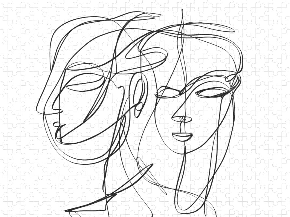 Sketch Jigsaw Puzzle featuring the digital art A one-line abstract drawing depicting two faces in a symbiotic relationship by OLena Art by Lena Owens - Vibrant DESIGN