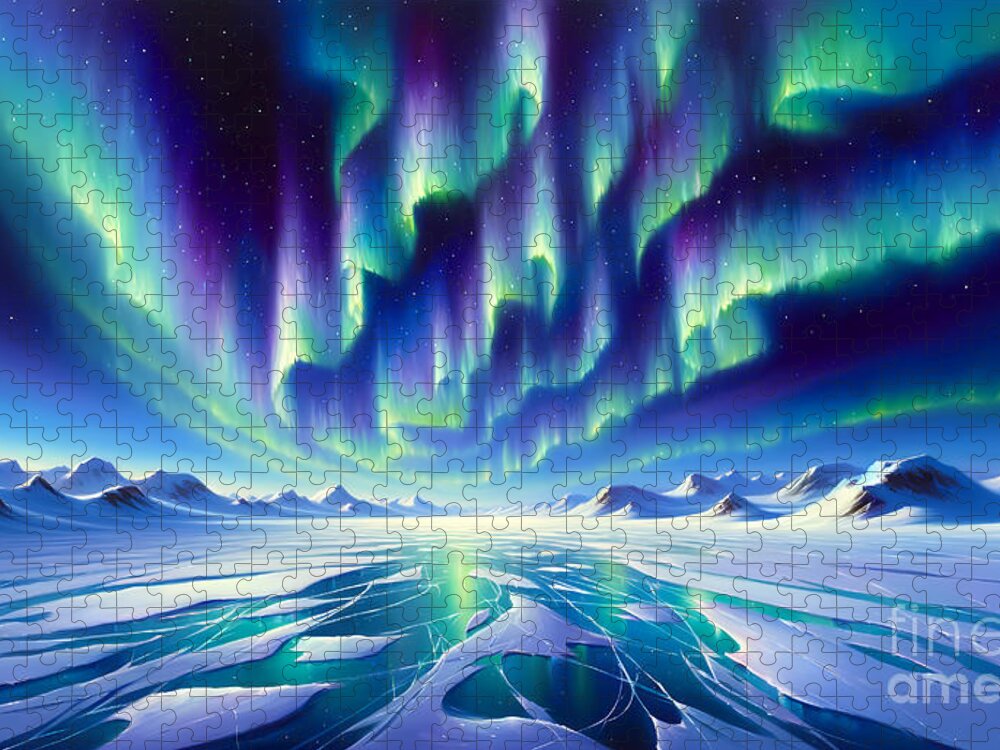 Northern Lights Jigsaw Puzzle featuring the painting A panoramic view of the Northern Lights over a frozen, untouched arctic landscape by Jeff Creation