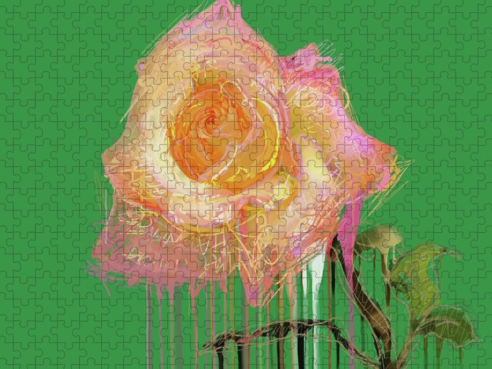 Rose Jigsaw Puzzle featuring the mixed media A Rose By Any Other Name - Green by BFA Prints