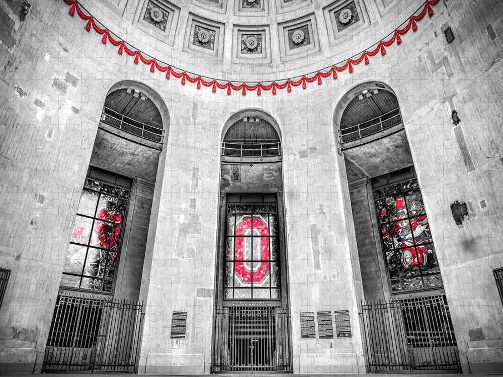 Ohio Jigsaw Puzzle featuring the photograph Scarlet Reverie And The Timeless Entrance Of An Ohio Icon - Selective Color Edition by Gregory Ballos