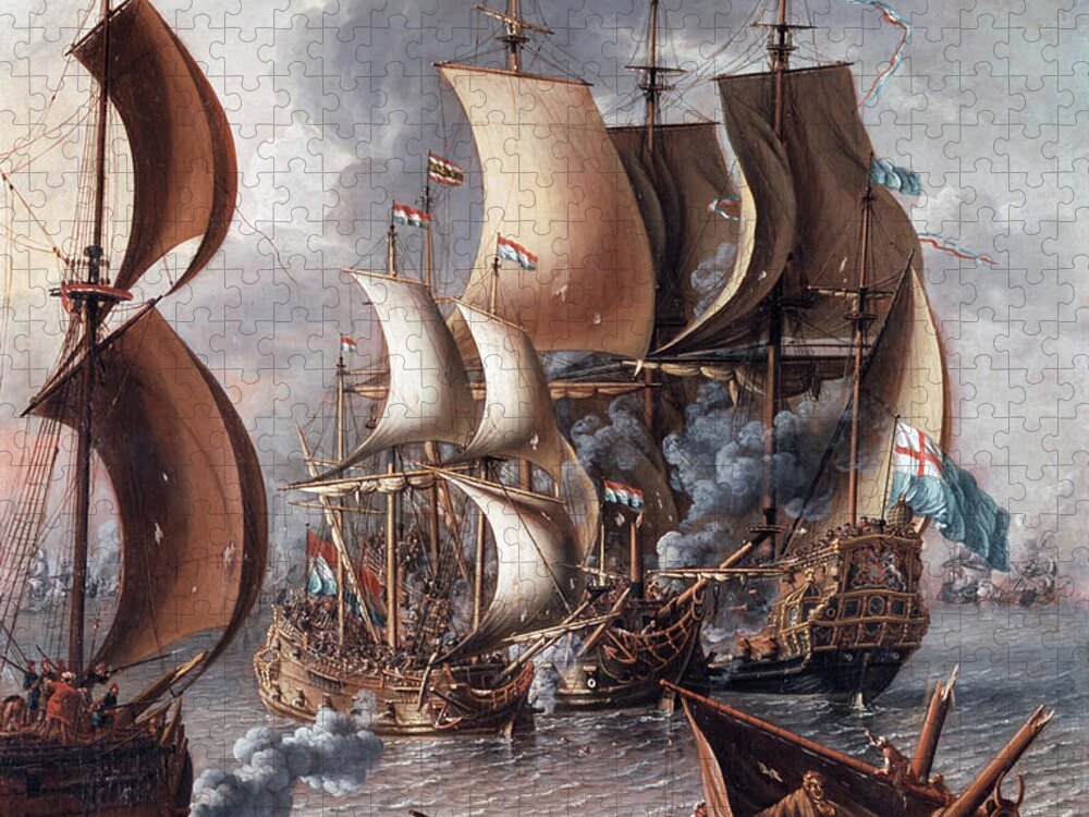 Laureys A Castro Jigsaw Puzzle featuring the painting A Sea Fight with Barbary Corsair by Laureys a Castro