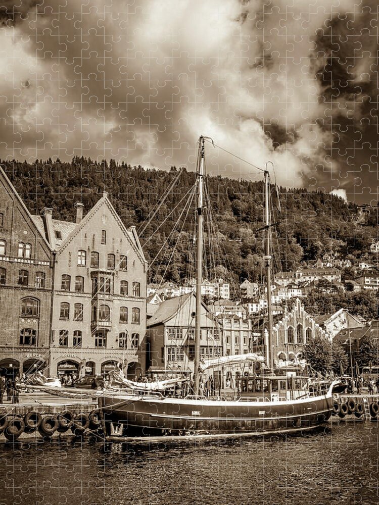 Town Jigsaw Puzzle featuring the photograph A ship at Bryggen Wharf in Bergen by W Chris Fooshee