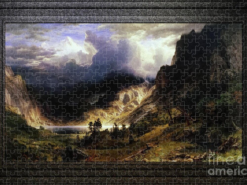 A Storm In The Rocky Mountains Jigsaw Puzzle featuring the painting A Storm in the Rocky Mountains, Mt. Rosalie by Albert Bierstadt Classical Fine Art Old Masters Repro by Rolando Burbon