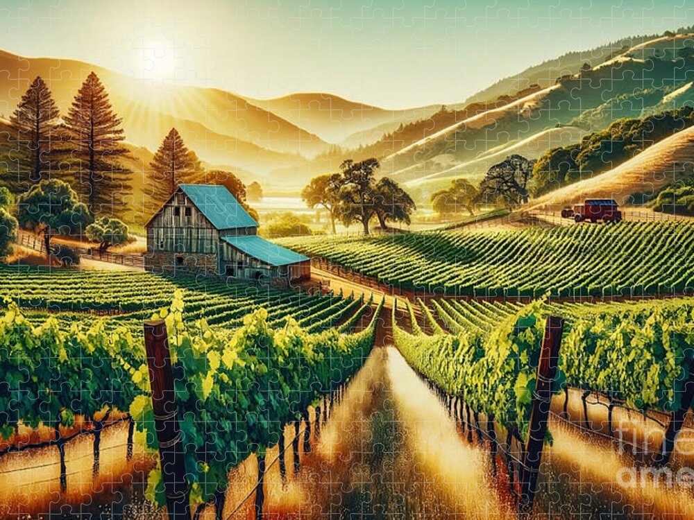 Napa Valley Jigsaw Puzzle featuring the painting A sun-drenched vineyard in Napa Valley, with rolling hills and a vintage barn. by Jeff Creation