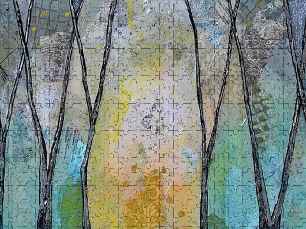 Trees Jigsaw Puzzle featuring the painting A Sunlit Path II by Shadia Derbyshire