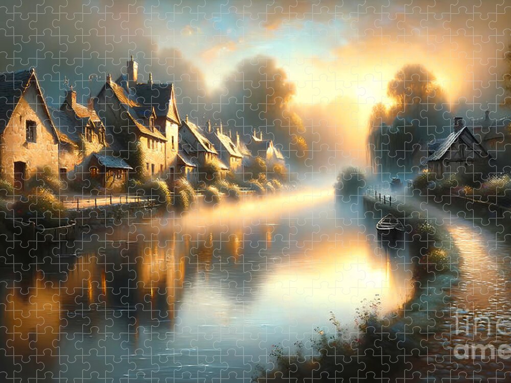 Tranquil Jigsaw Puzzle featuring the painting A tranquil riverside village at dawn with mist rising off the water by Jeff Creation