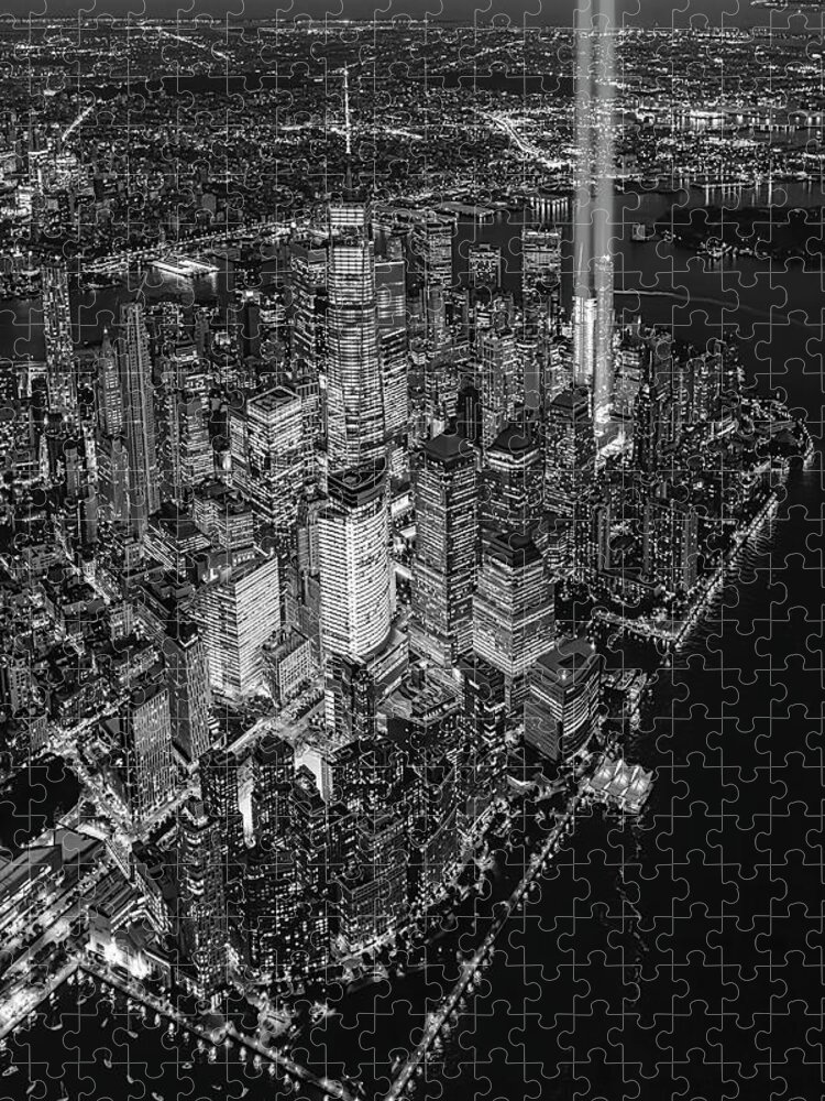 Aerial Jigsaw Puzzle featuring the photograph A Tribute In light Aerial BW by Susan Candelario