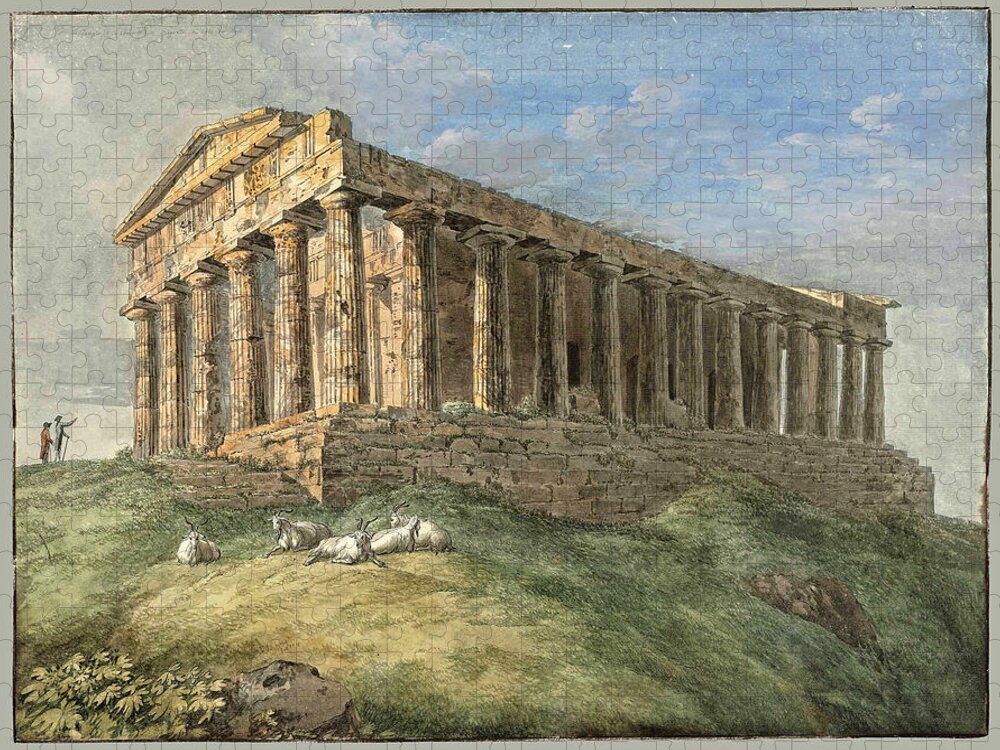 Jacob Philipp Hackert Jigsaw Puzzle featuring the drawing A view of the Temple of Concordia at Agrigento, with two figures and goats in the foreground by Jacob Philipp Hackert