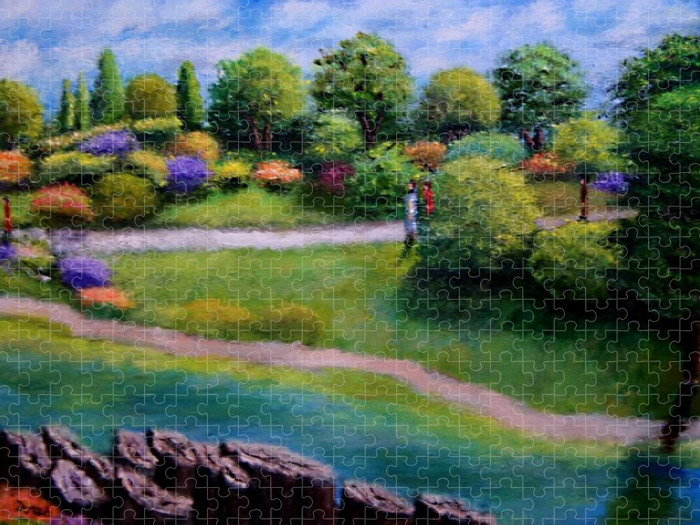 Landscape Jigsaw Puzzle featuring the painting Walking Through The Park by Gregory Dorosh