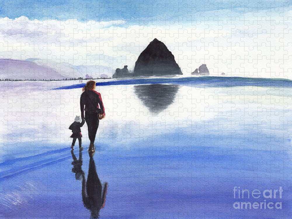 Woman And Girl Walking On Beach Jigsaw Puzzle featuring the painting A Watery Walk to Haystack Rock, Oregon by Conni Schaftenaar