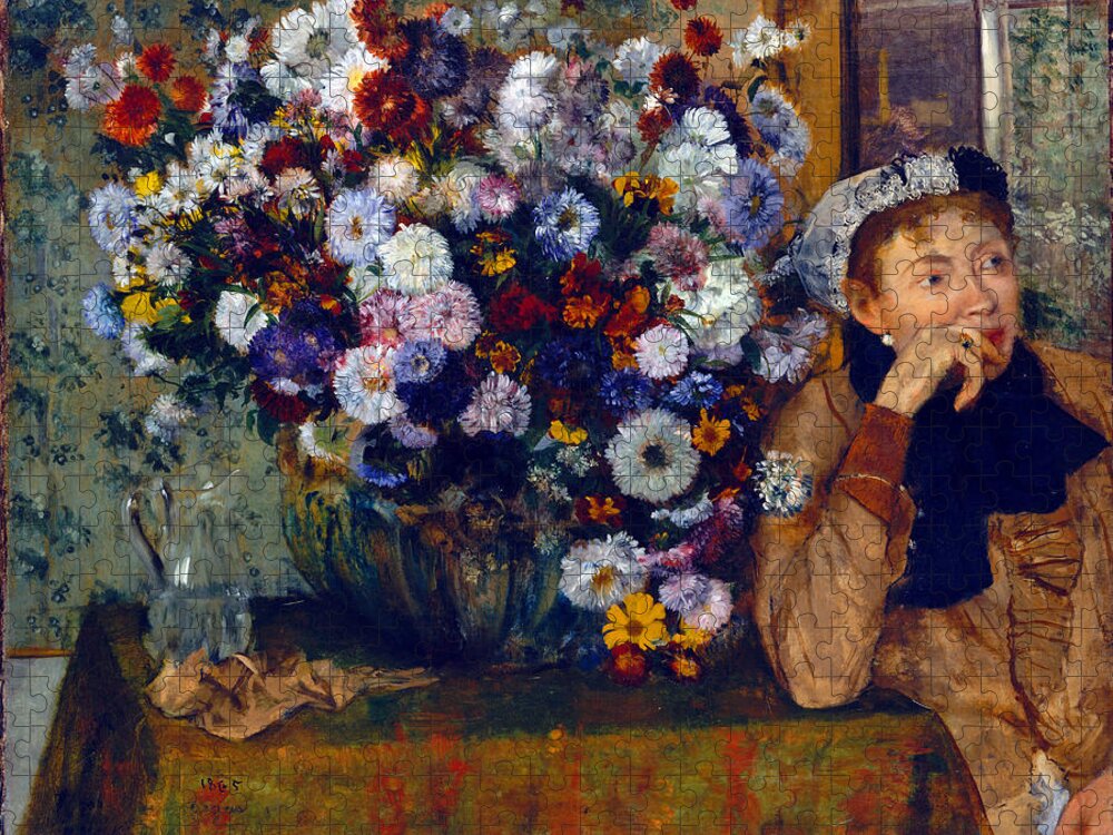 Woman Jigsaw Puzzle featuring the painting A Woman Seated beside a Vase of Flowers by Long Shot