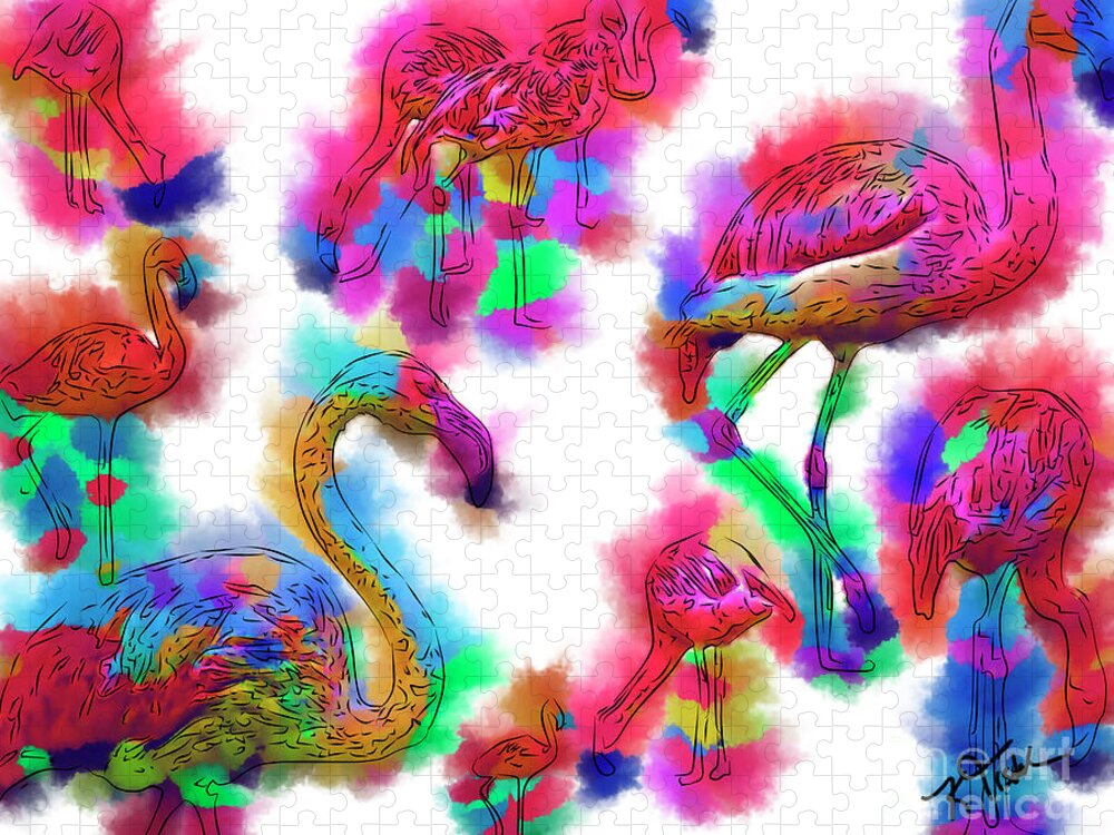 Flamingo Jigsaw Puzzle featuring the digital art Abstract Flamingo Flock by Kirt Tisdale