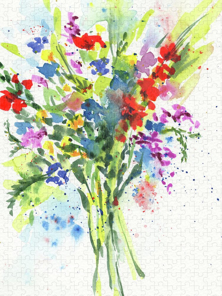 Abstract Flowers Jigsaw Puzzle featuring the painting Abstract Flowers Burst Of Multicolor Splash Of Watercolor I by Irina Sztukowski