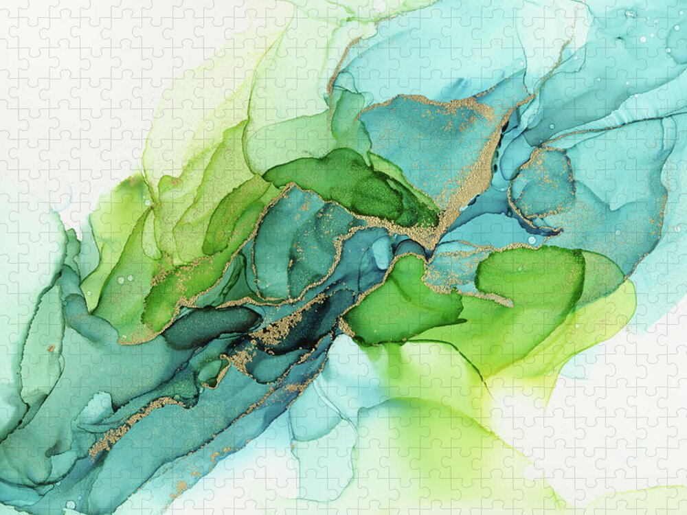 Watercolor Puzzle featuring the painting Abstract Ink Blue Gold Green by Olga Shvartsur