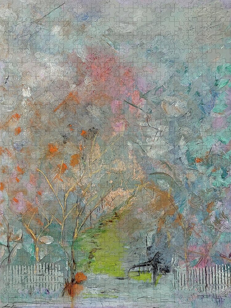 Landscape Jigsaw Puzzle featuring the painting Abstract Landscape with Fence by Lisa Kaiser