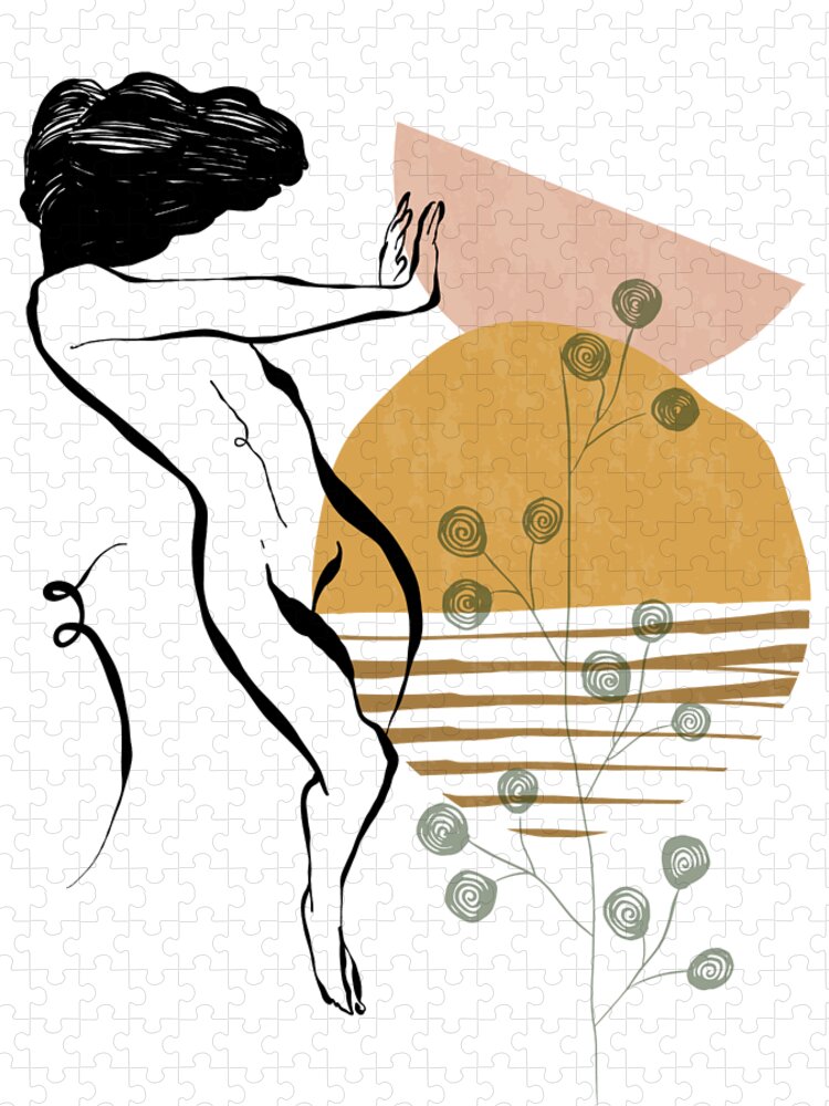 Fashion Jigsaw Puzzle featuring the drawing Abstract minimalist aesthetic poster, nude woman lineart, retro vintage feminine line art collection by Mounir Khalfouf