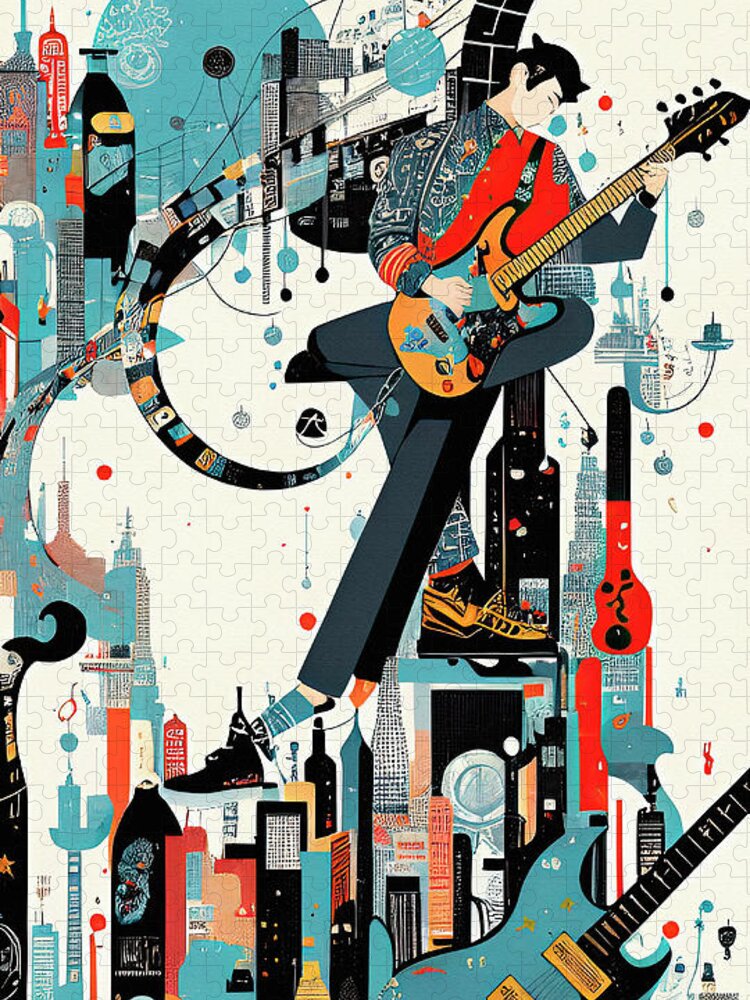 Music City Jigsaw Puzzle featuring the digital art Abstract Music City Art Guitar by Ginette Callaway