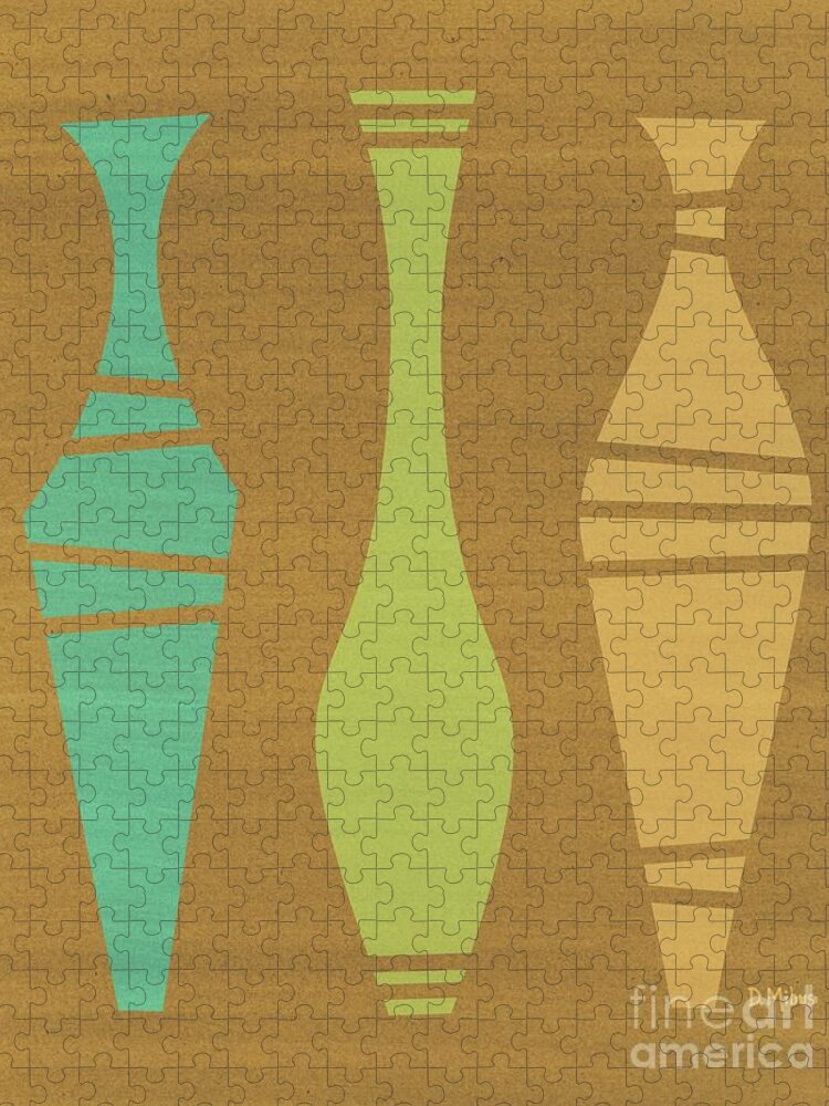 Mid Century Modern Jigsaw Puzzle featuring the mixed media Abstract Vases on Brown Mixed Media by Donna Mibus
