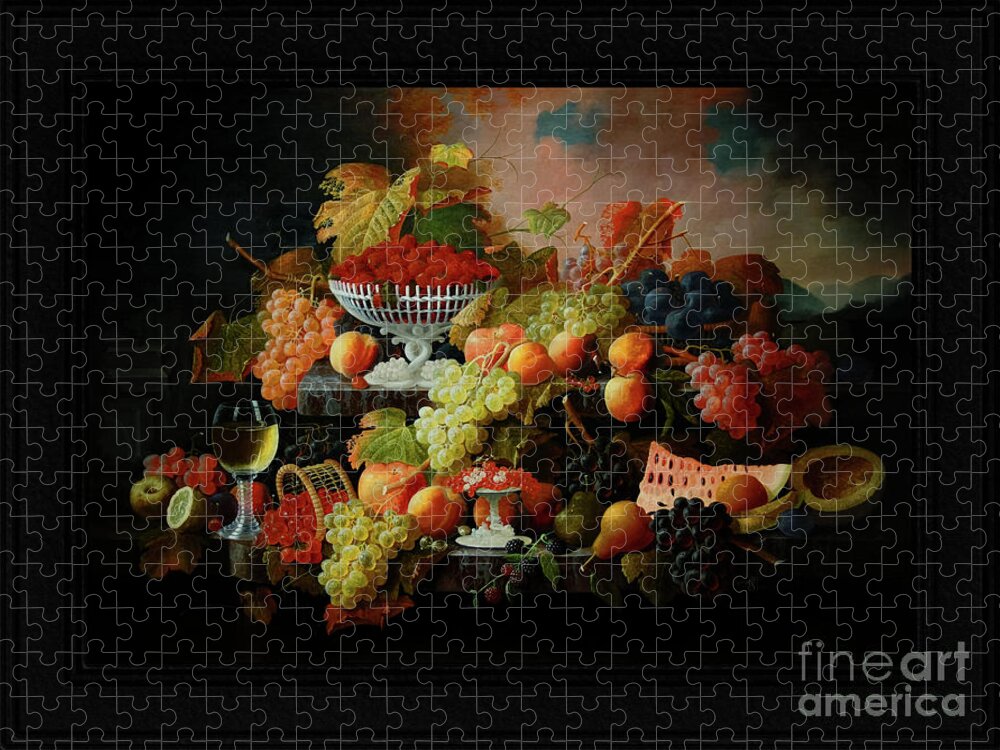 Abundance Of Fruit Jigsaw Puzzle featuring the painting Abundance of Fruit by Severin Roesen Old Masters Classical Fine Art Reproduction by Rolando Burbon