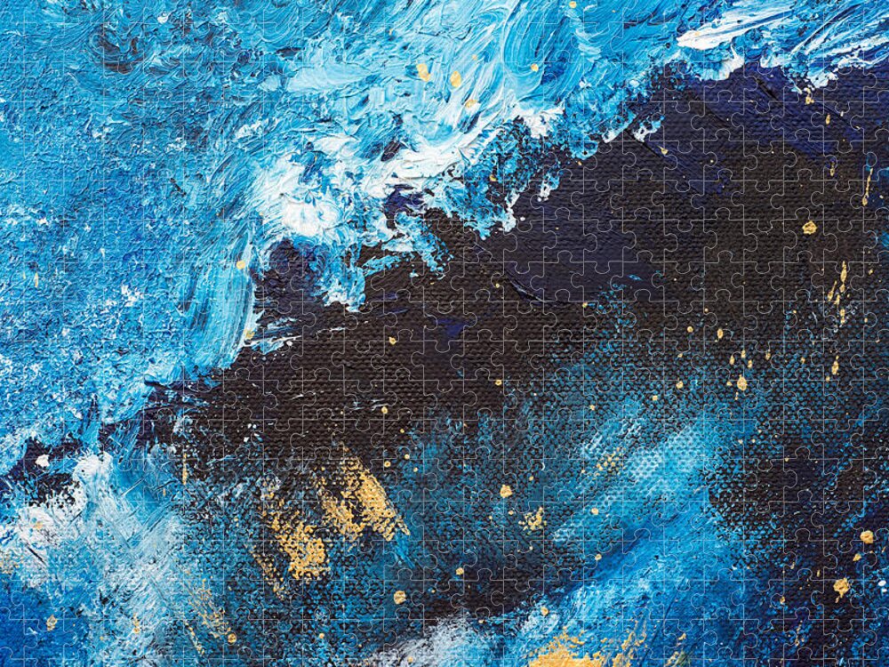 Night Jigsaw Puzzle featuring the drawing Acrylic blue background. Abstract painting. Oil dark background with stars, sea or sky. Paint splashes on canvas texture. by Julien
