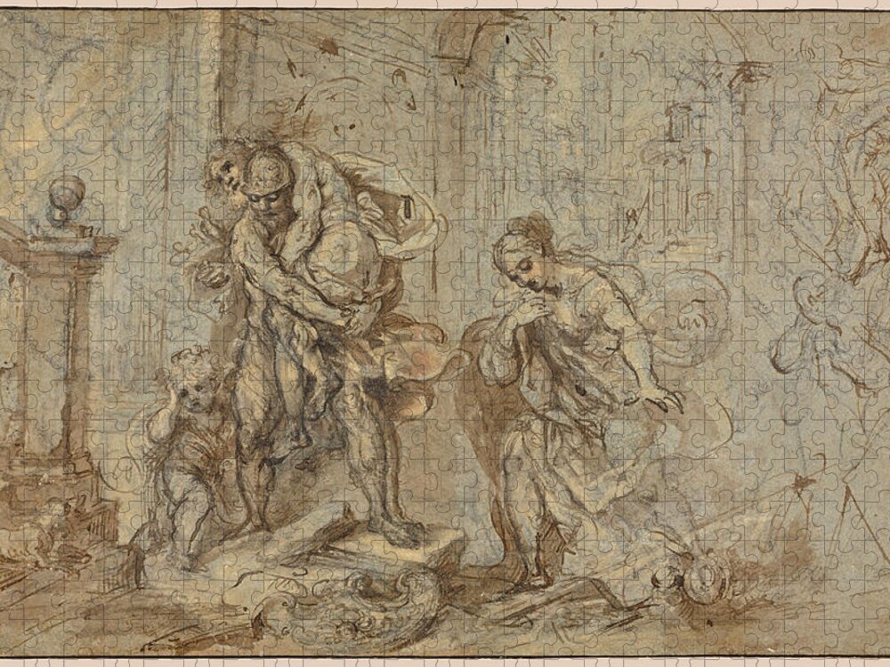Federico Barocci Jigsaw Puzzle featuring the drawing Aeneas Saving Anchises at the Fall of Troy by Federico Barocci