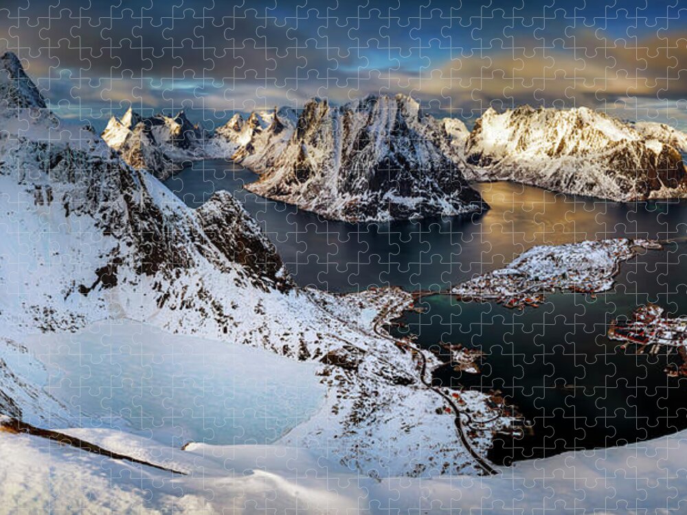 Aerial View Fjord Mountain Winter Village Landscape - Scenery Moskenesoya Lofoten Norway Reine Sea Snow Scenics - Nature Majestic Beauty In Nature Place Of Interest Travel Destinations Outdoors Day Horizontal No People   Jigsaw Puzzle featuring the photograph Aerial view of Reine village and fjords in winter, Moskenesoya, Lofoten, Norway by Panoramic Images