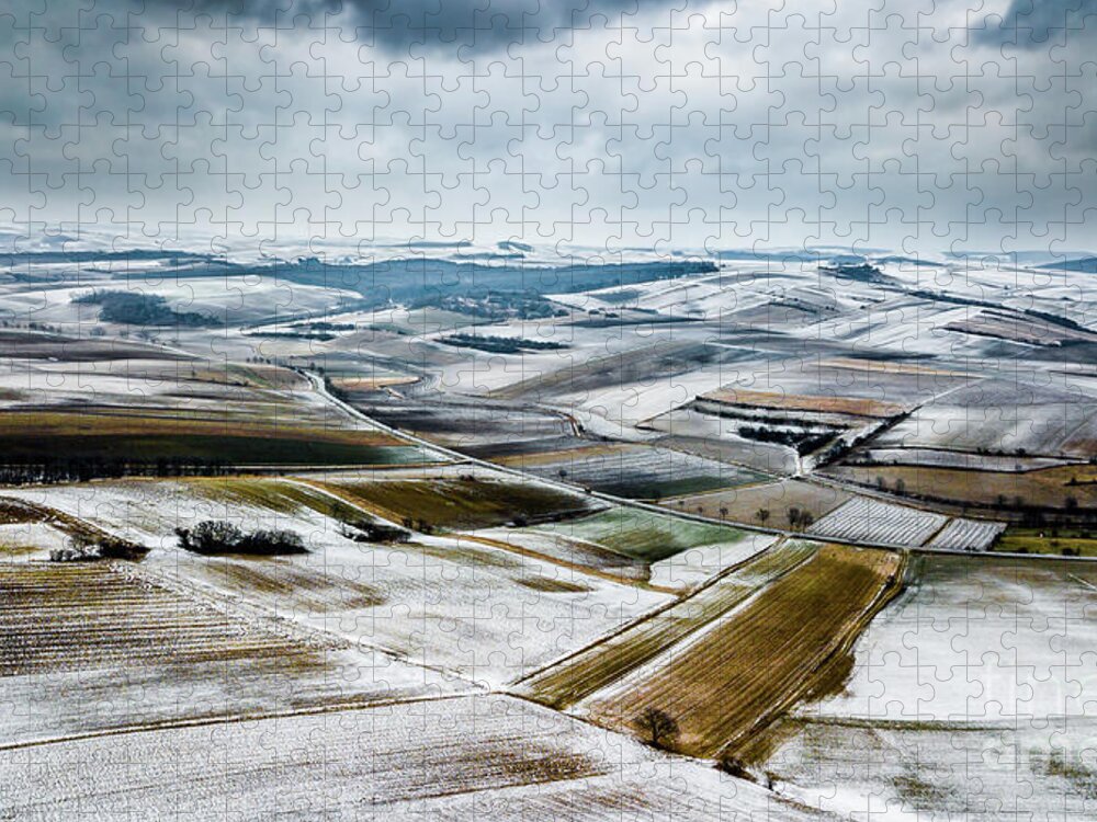 Above Jigsaw Puzzle featuring the photograph Aerial View Of Winter Landscape With Remote Settlements And Snow Covered Fields In Austria by Andreas Berthold