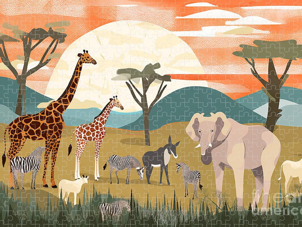 Animal Jigsaw Puzzle featuring the painting African Animals Of Savanna With Landscape Nature Background Vect by N Akkash